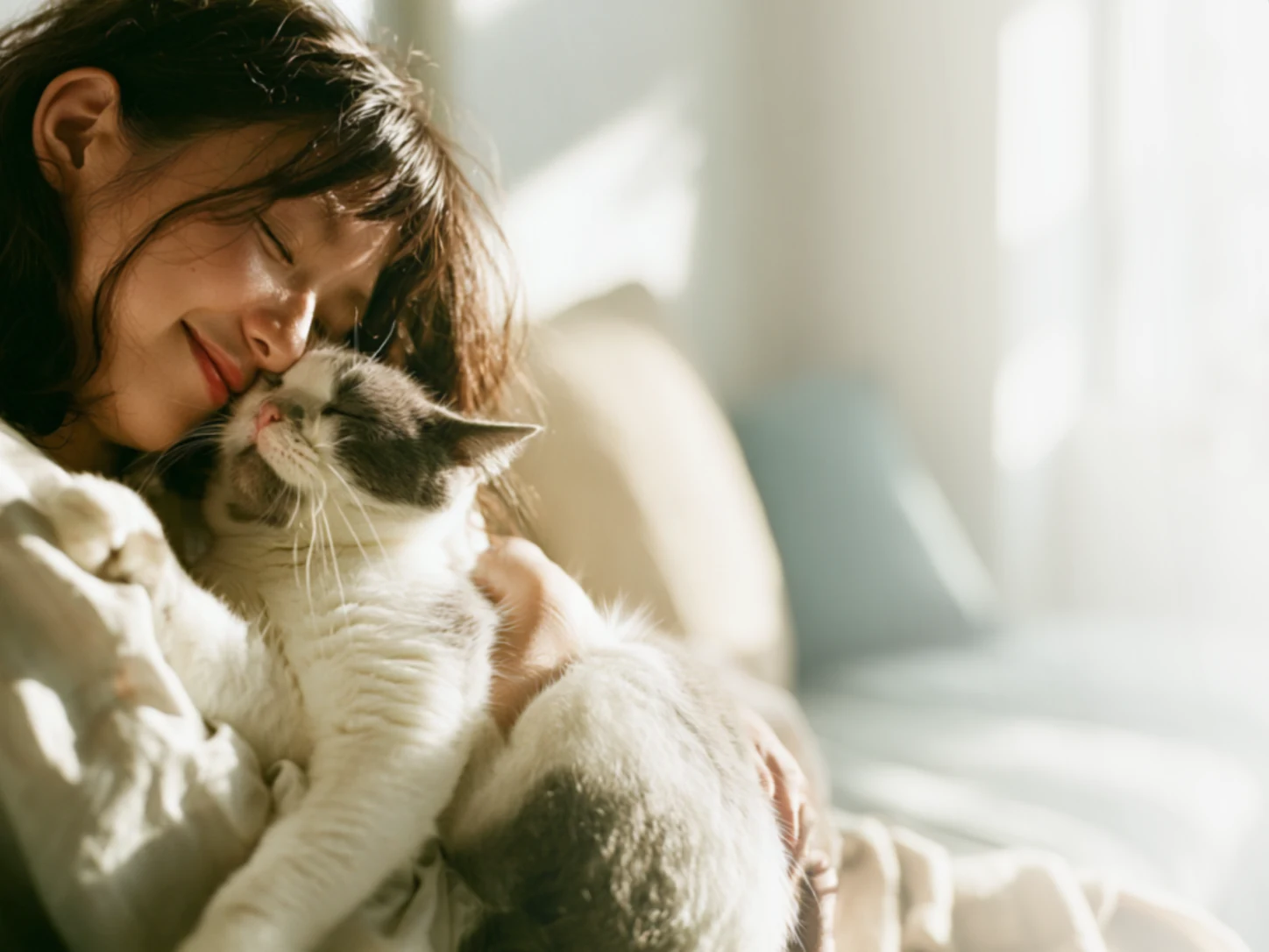 ソファで愛猫を抱きしめる女性
