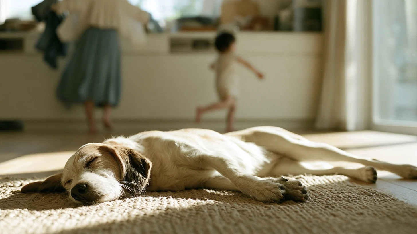 日当たりのよいリビングのラグの上で、脚をのばして眠る犬。奥では家族が家事をし、子どもが走り抜けている