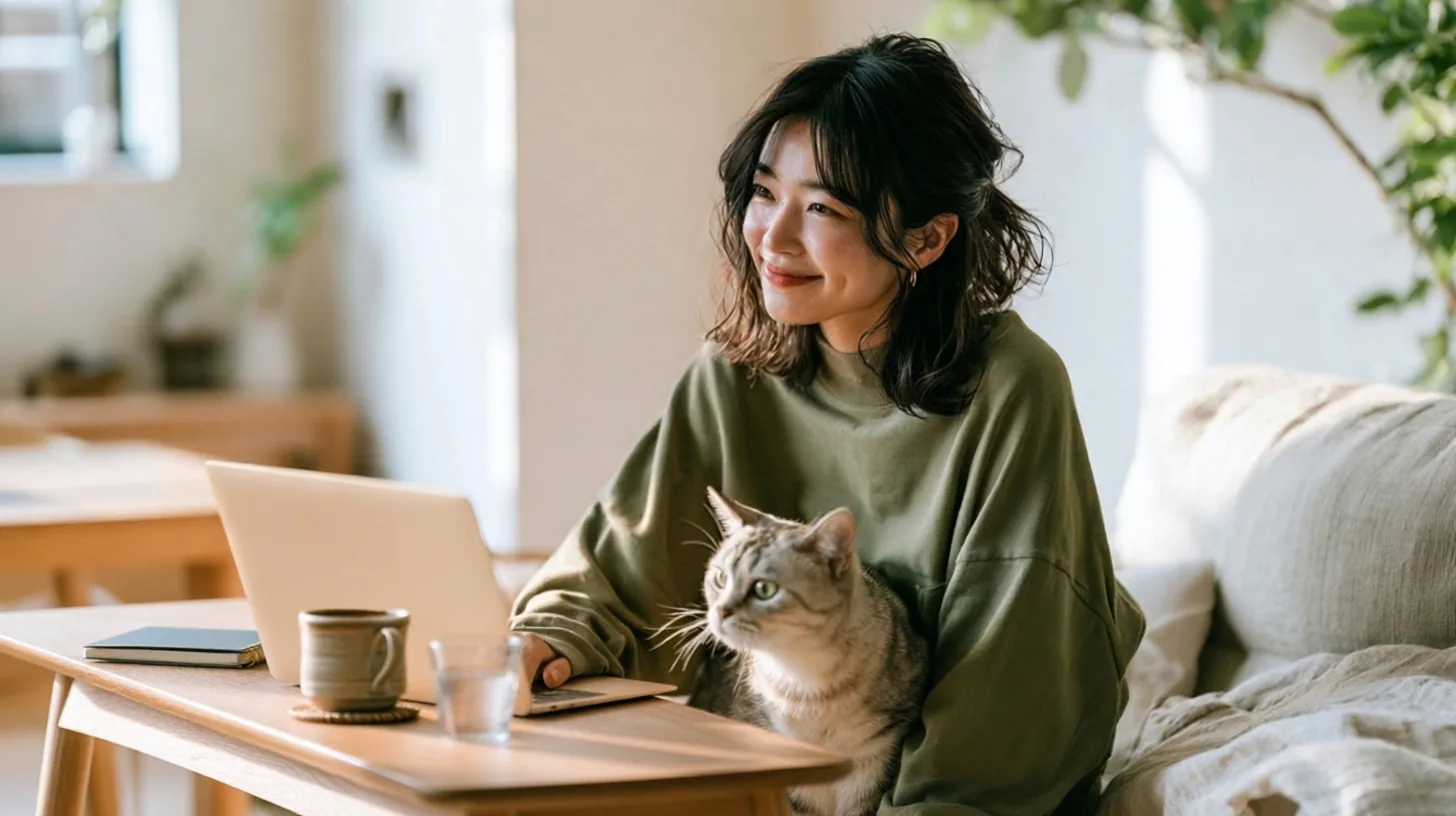 自宅のソファで愛猫をひざにのせ、ノートパソコンでオンラインセッションを受ける女性