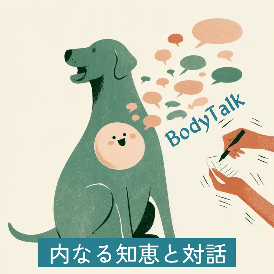内なる知恵と対話:犬の胸のなかにいる内なる知恵がたくさんのふきだしを出してしゃべり、その内容を手が書きとめている