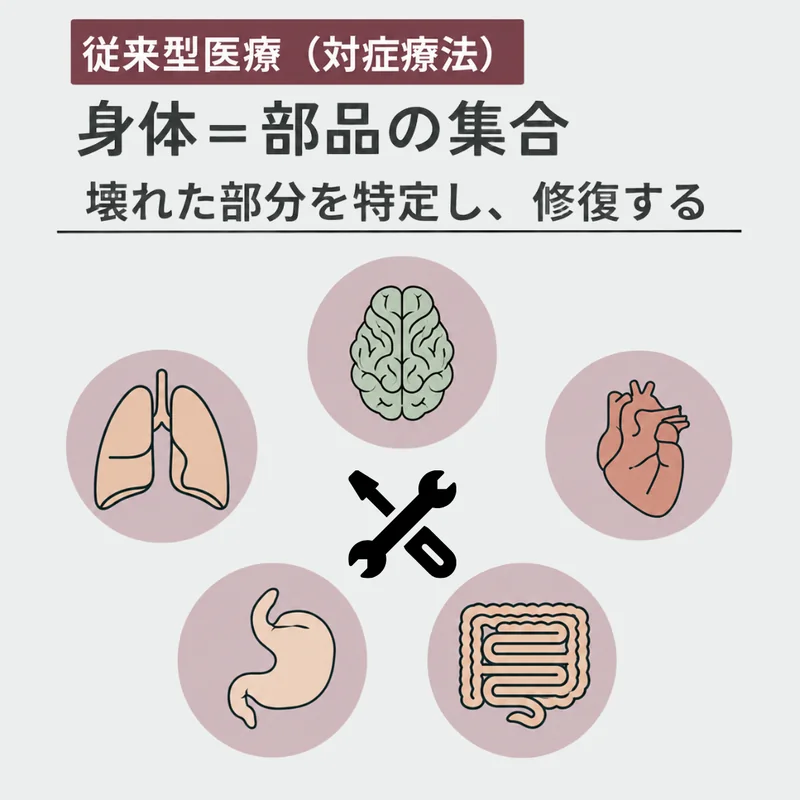従来型医療(対症療法):身体は部品の集合で、壊れた部分を特定して修復するという考え方