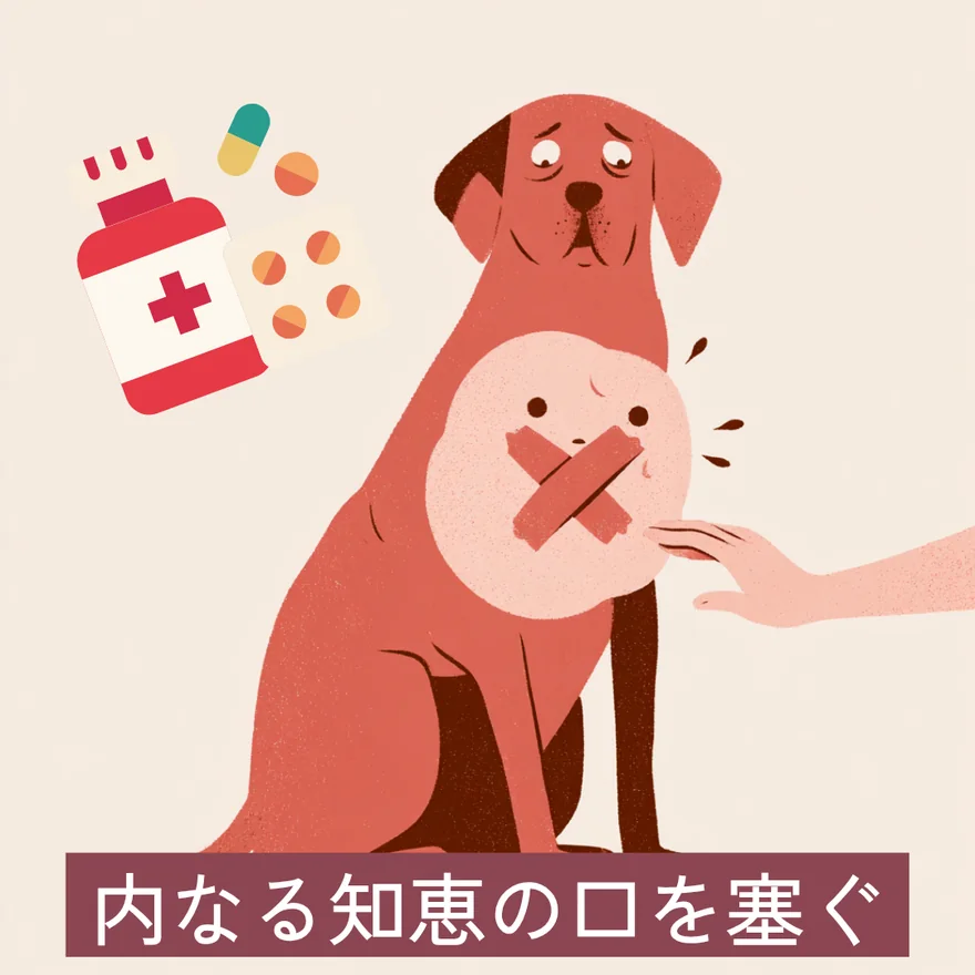 内なる知恵の口を塞ぐ:不安そうな犬の胸のなかにいる内なる知恵が、口にバツのテープを貼られ、薬に手を伸ばされている