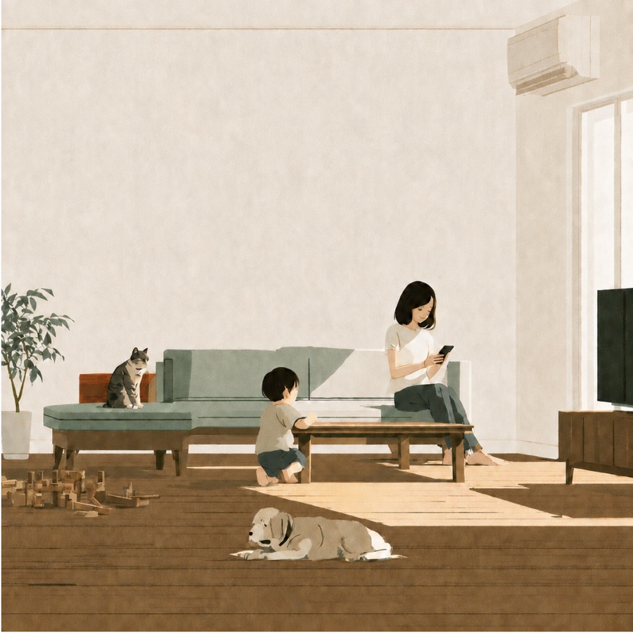 いつもの部屋でくつろぐ親子と猫と犬